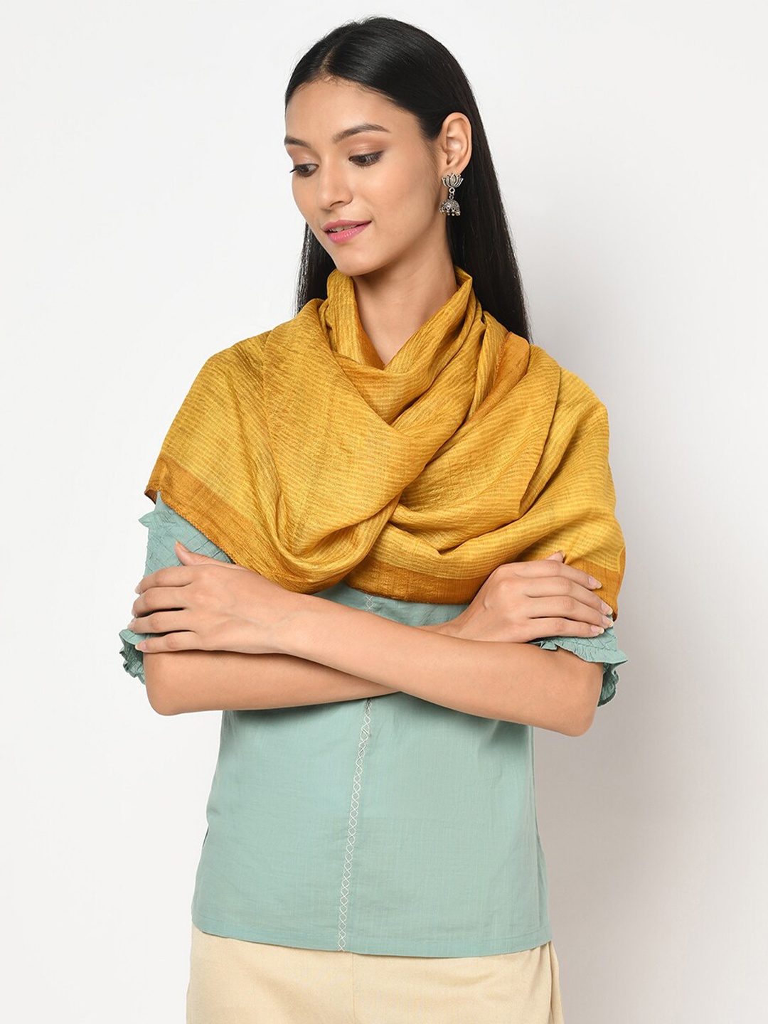 

Fabindia Women Mustard & Brown Solid Silk Stole