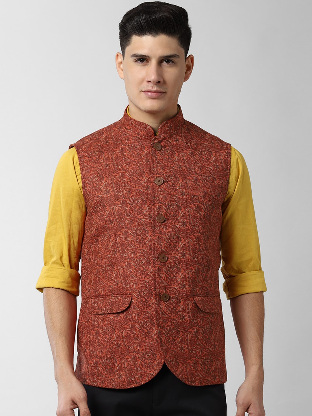 

Peter England Elite Men Red & Black Printed Woven Nehru Jacket