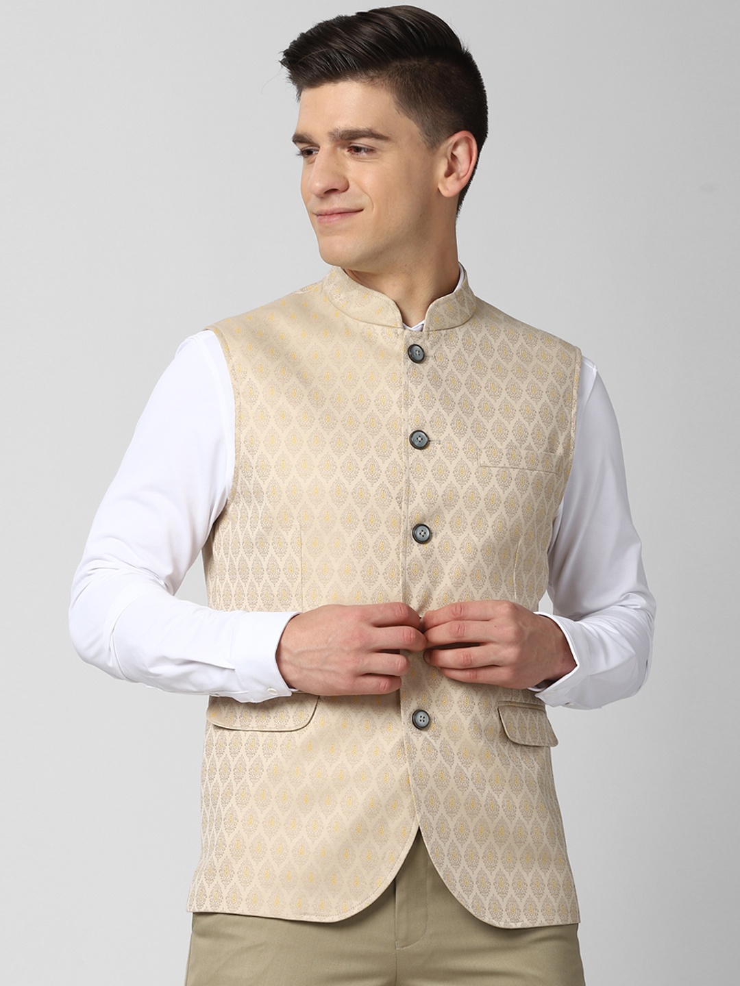 

Peter England Elite Men Beige Printed Woven Nehru Jacket