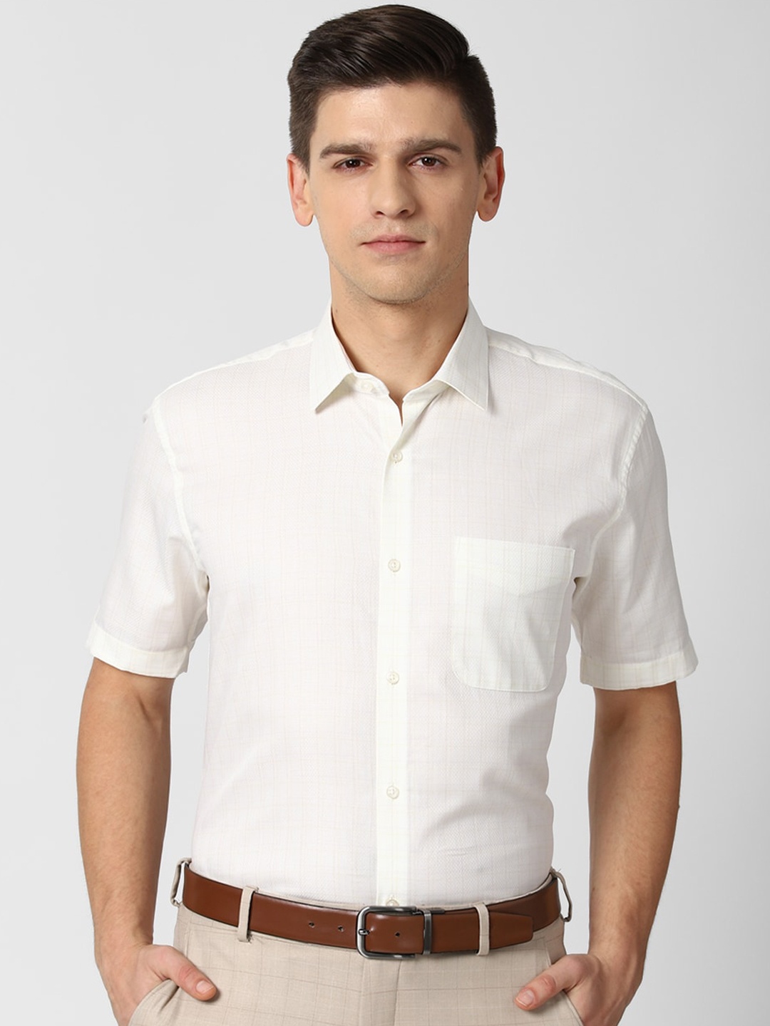 

Peter England Men Cream-Coloured Opaque Checked Formal Shirt