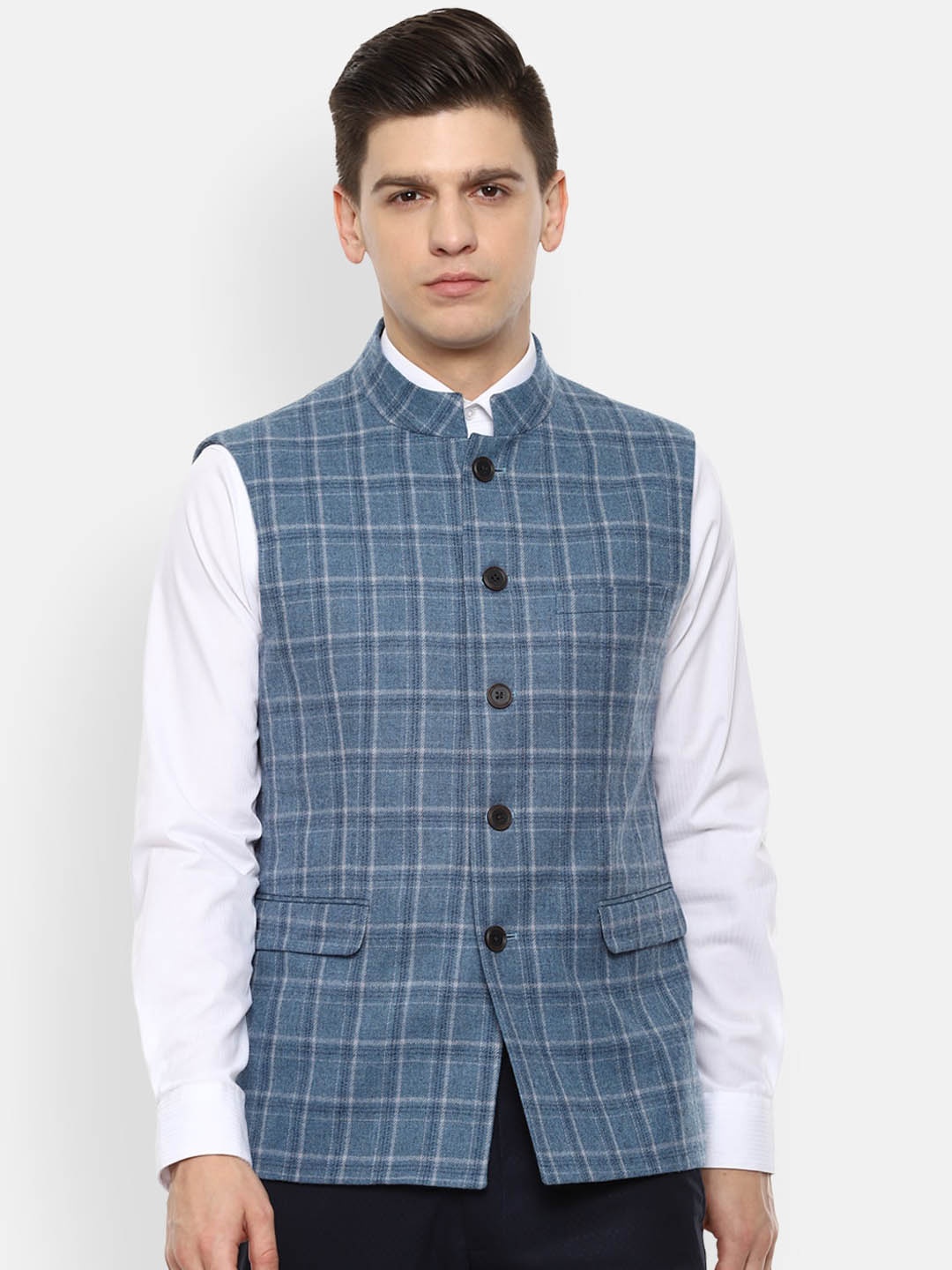 

Louis Philippe Men Blue Checked Woven Slim-Fit Pure Wool Nehru Jacket