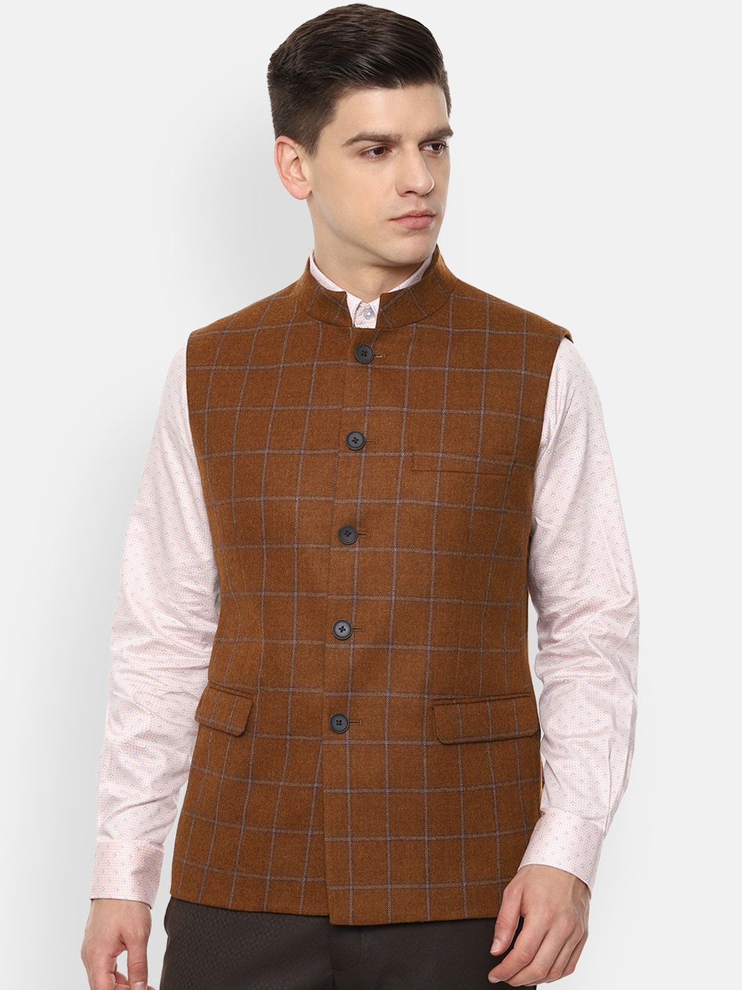 

Louis Philippe Men Brown & Blue Checked Woolen Slim-Fit Nehru Jacket