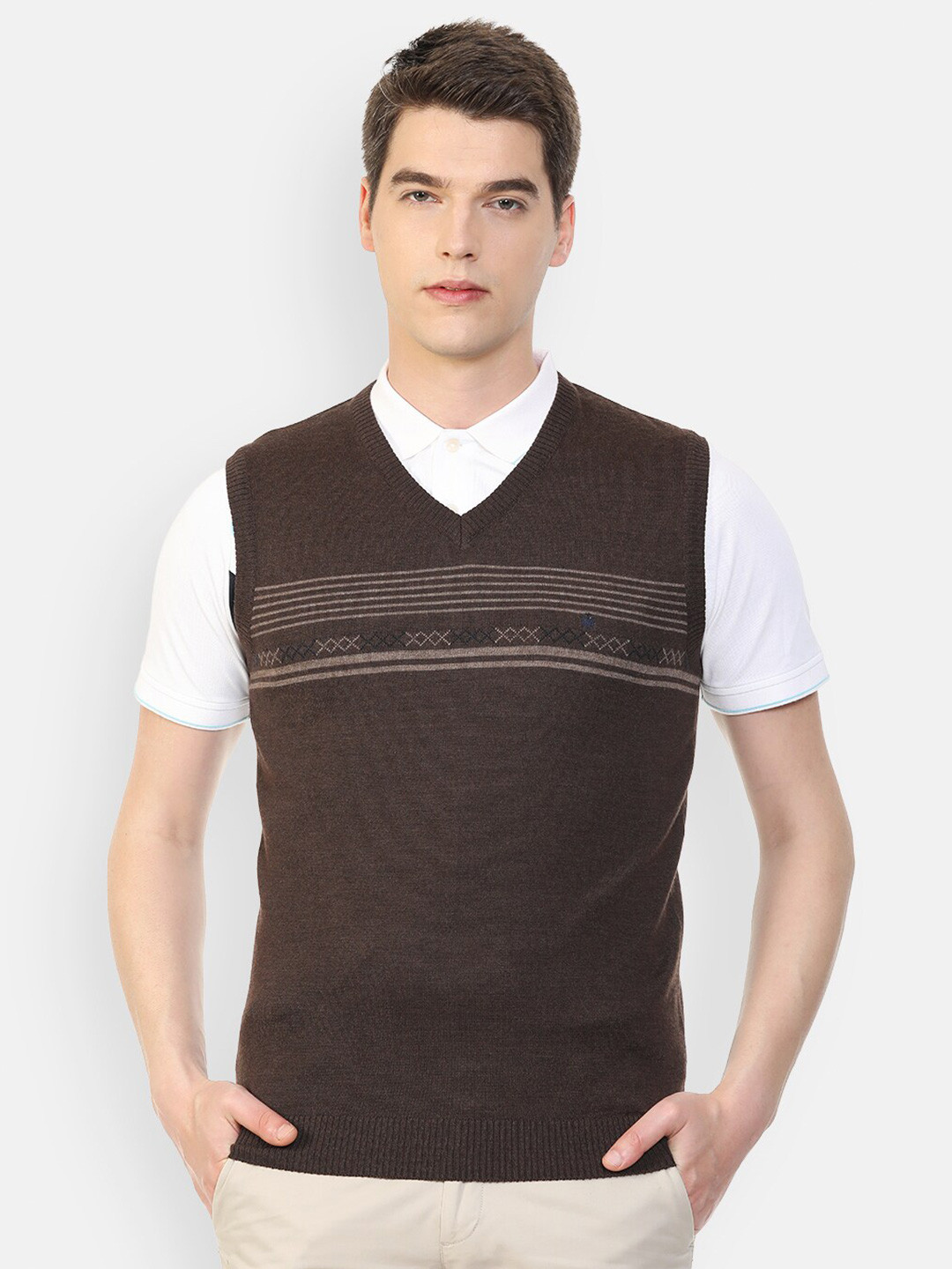 

Louis Philippe Men Brown Striped Sweater Vest