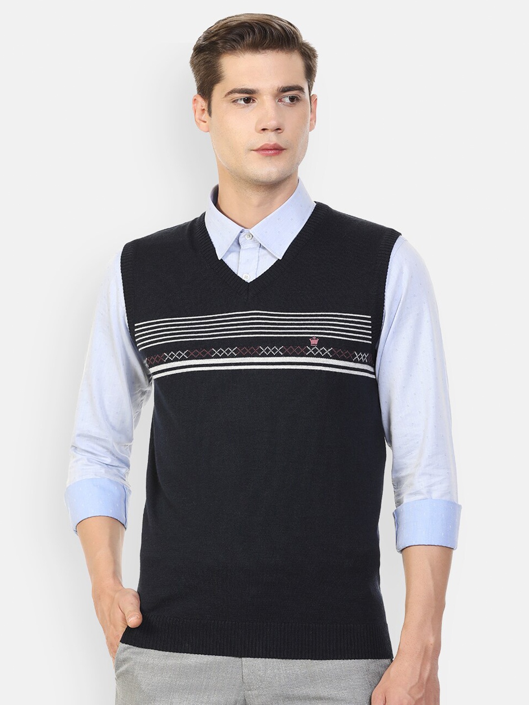 

Louis Philippe Men Navy Blue & White Striped Sweater Vest
