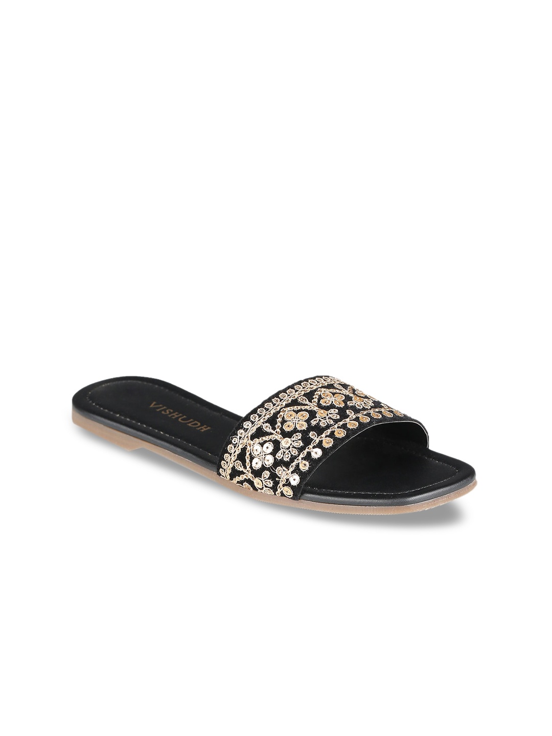 

Vishudh Women Black & Gold-Toned Embellished Open Toe Flats