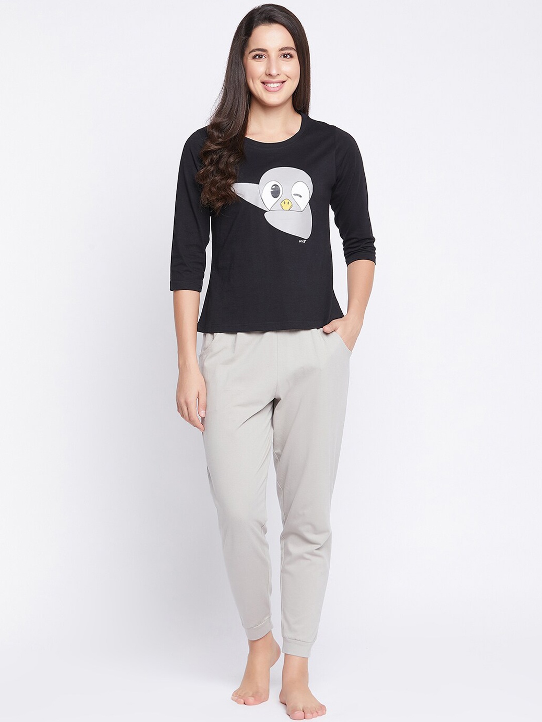

Clovia Women Black & Grey Printed Pure Cotton Top & Basic Pyjama Set
