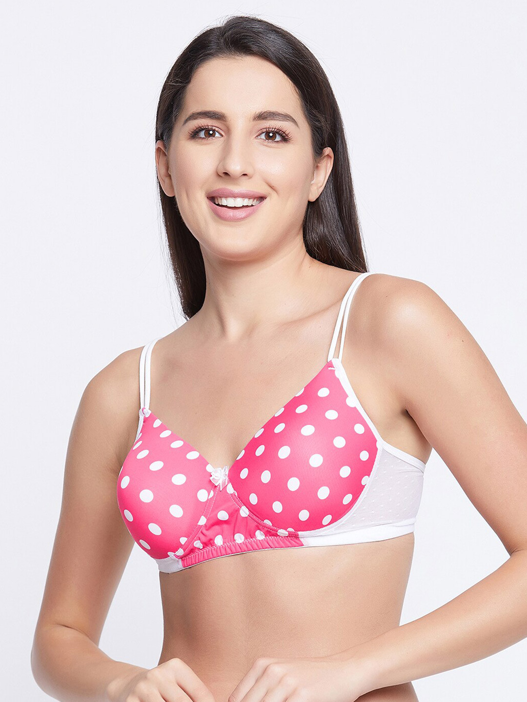 

Clovia Pink & White Polka Dots Printed T-shirt Bra Lightly Padded