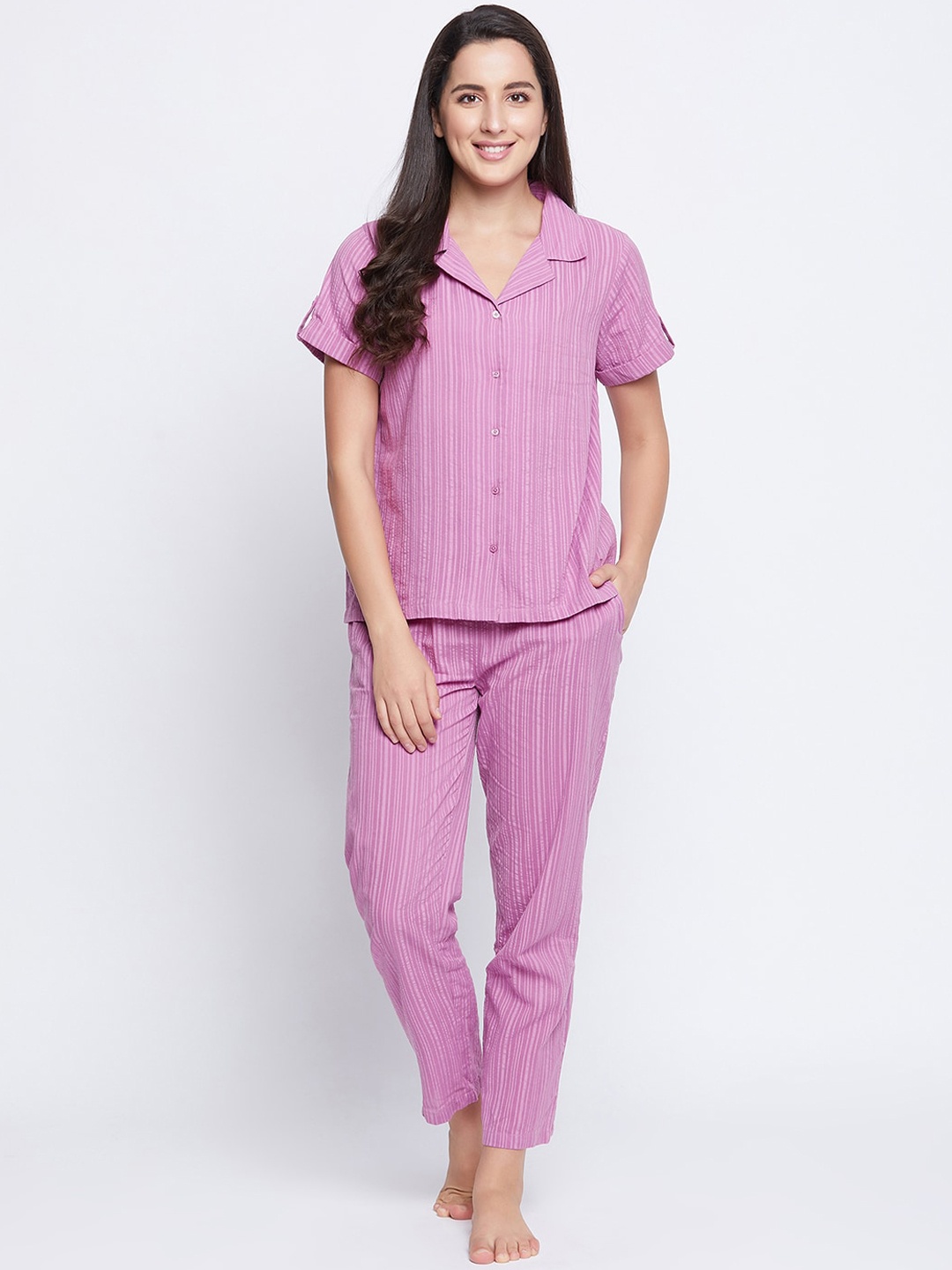 

Clovia Women Purple Striped Pure Cotton Night Suit