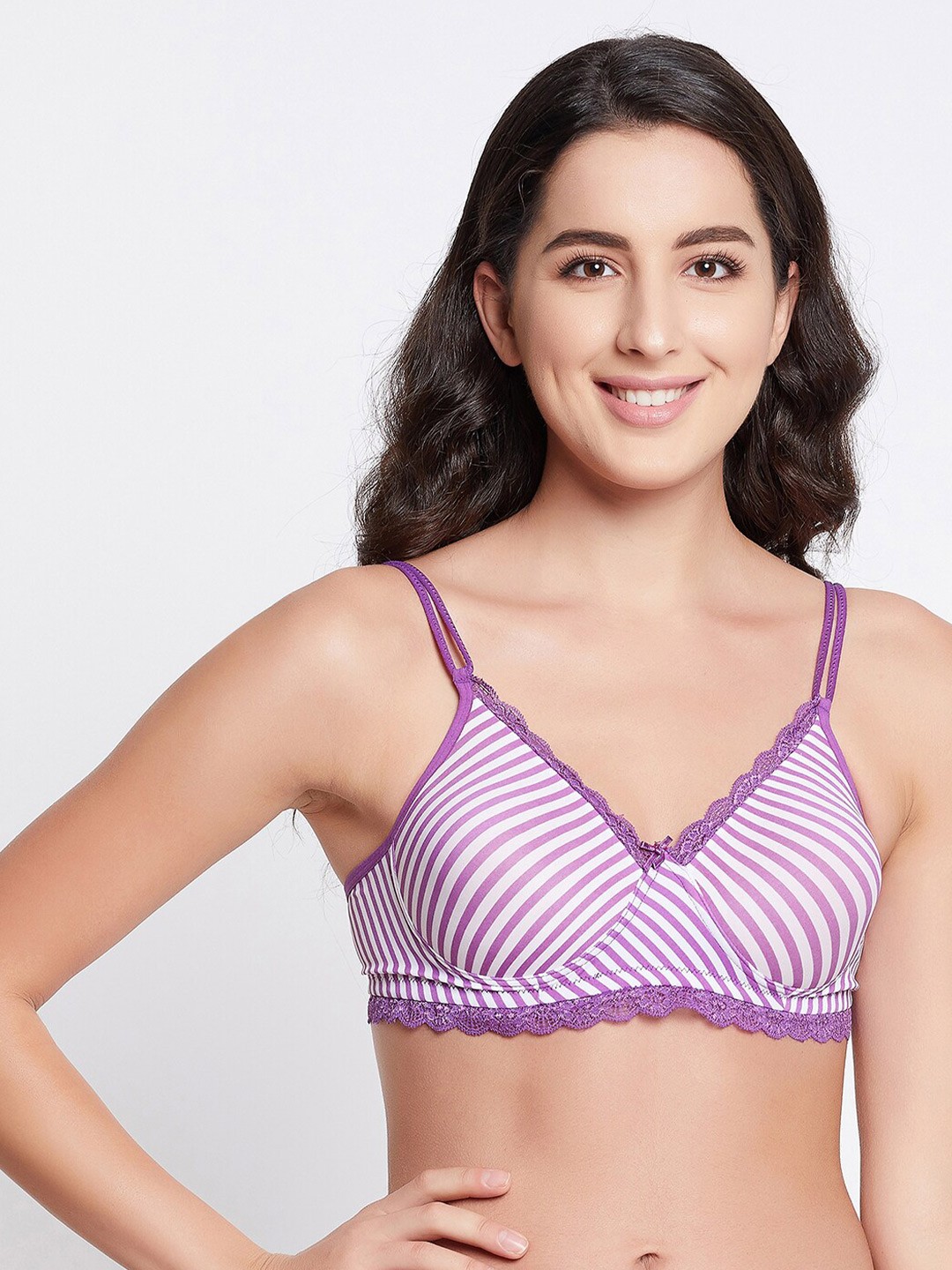 

Clovia Striped Lightly Padded Non-Wired Full Cup Lace T-Shirt Bra BR2247M1532B, Purple