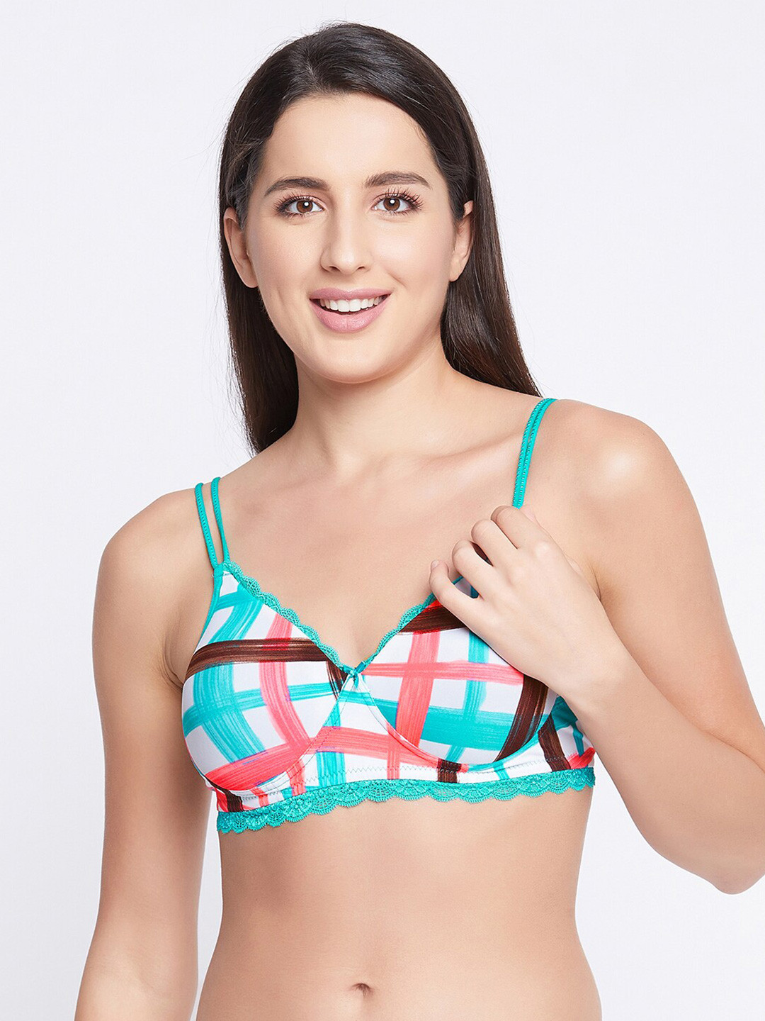 

Clovia Green & White Checked Non Wired Full Coverage T-shirt Bra BR2247M1932B