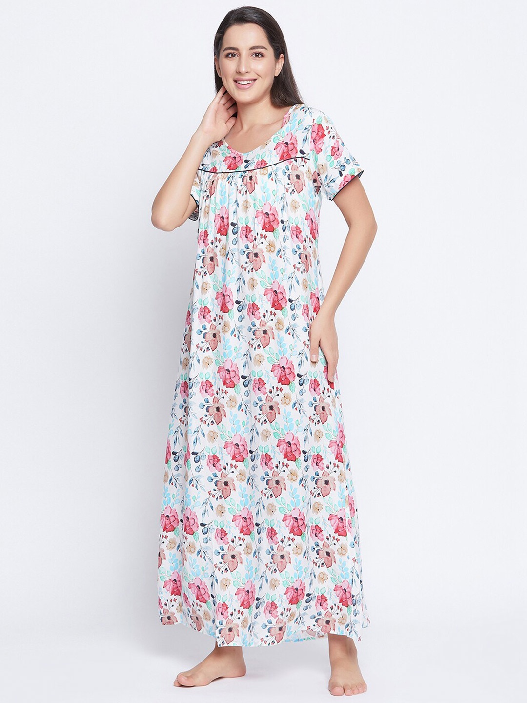 

Clovia Women White Printed Maxi Nightdress