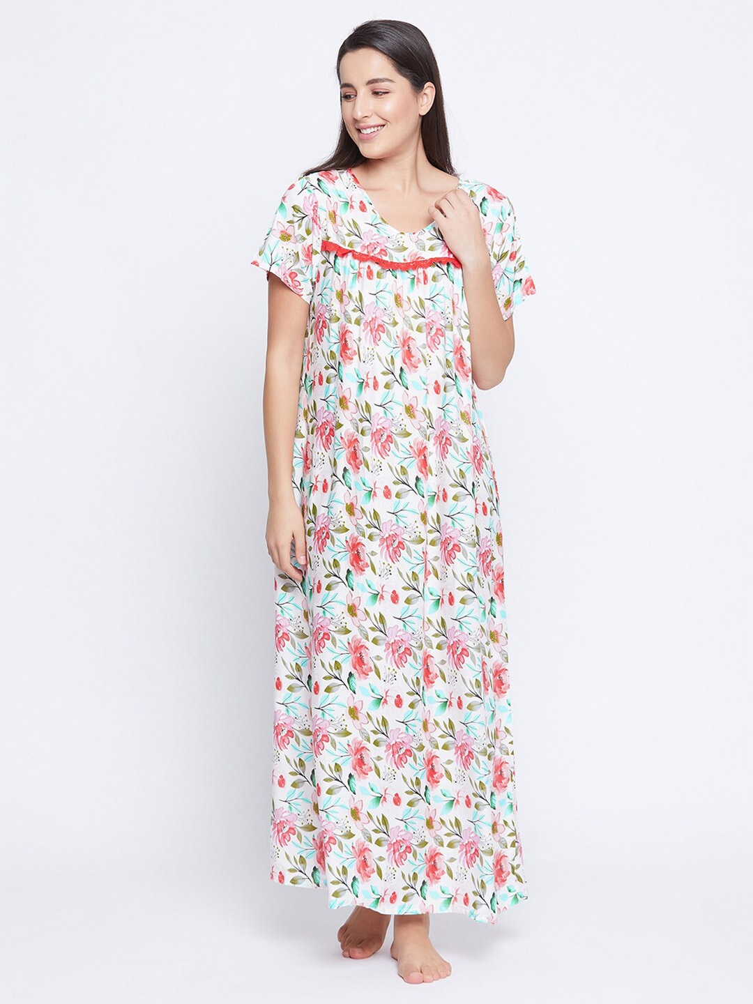 

Clovia White & Multicoloured Floral Printed Maxi Nightdress