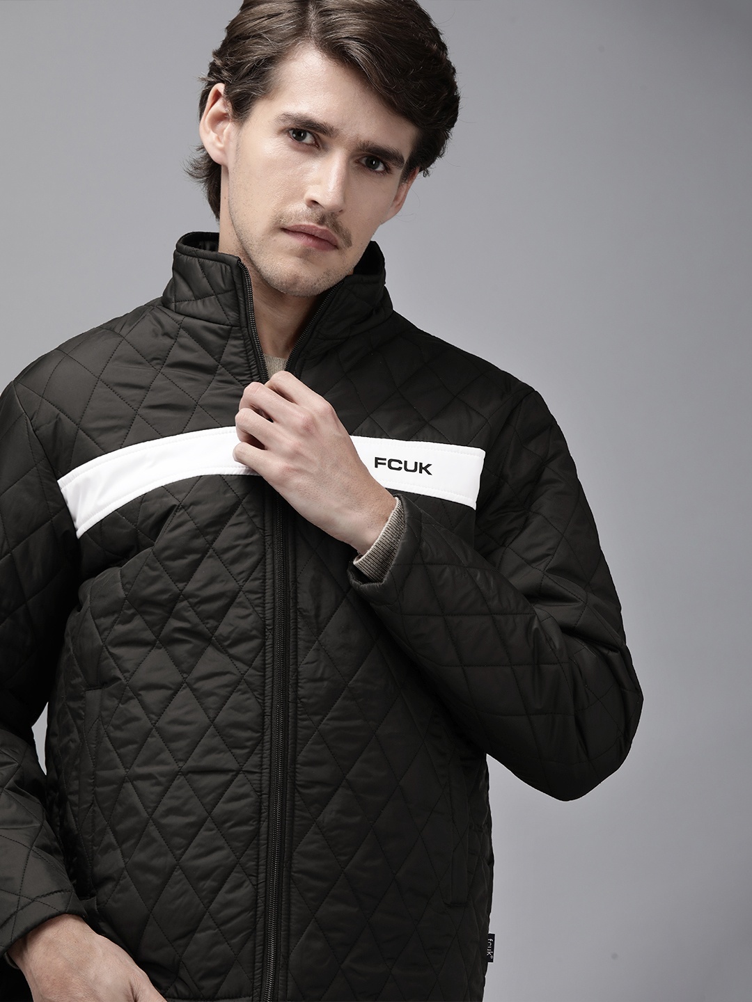 

French Connection Men Black Solid Quilted Jacket
