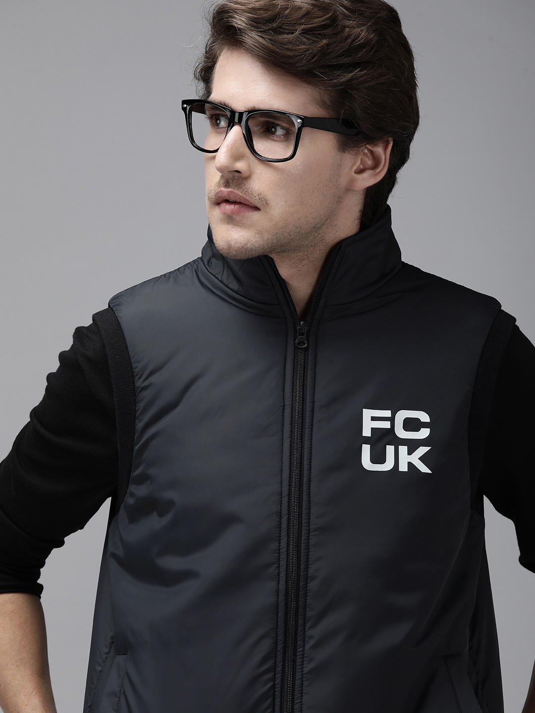 

French Connection Men Navy Blue Solid Sleeveless Bomber Jacket