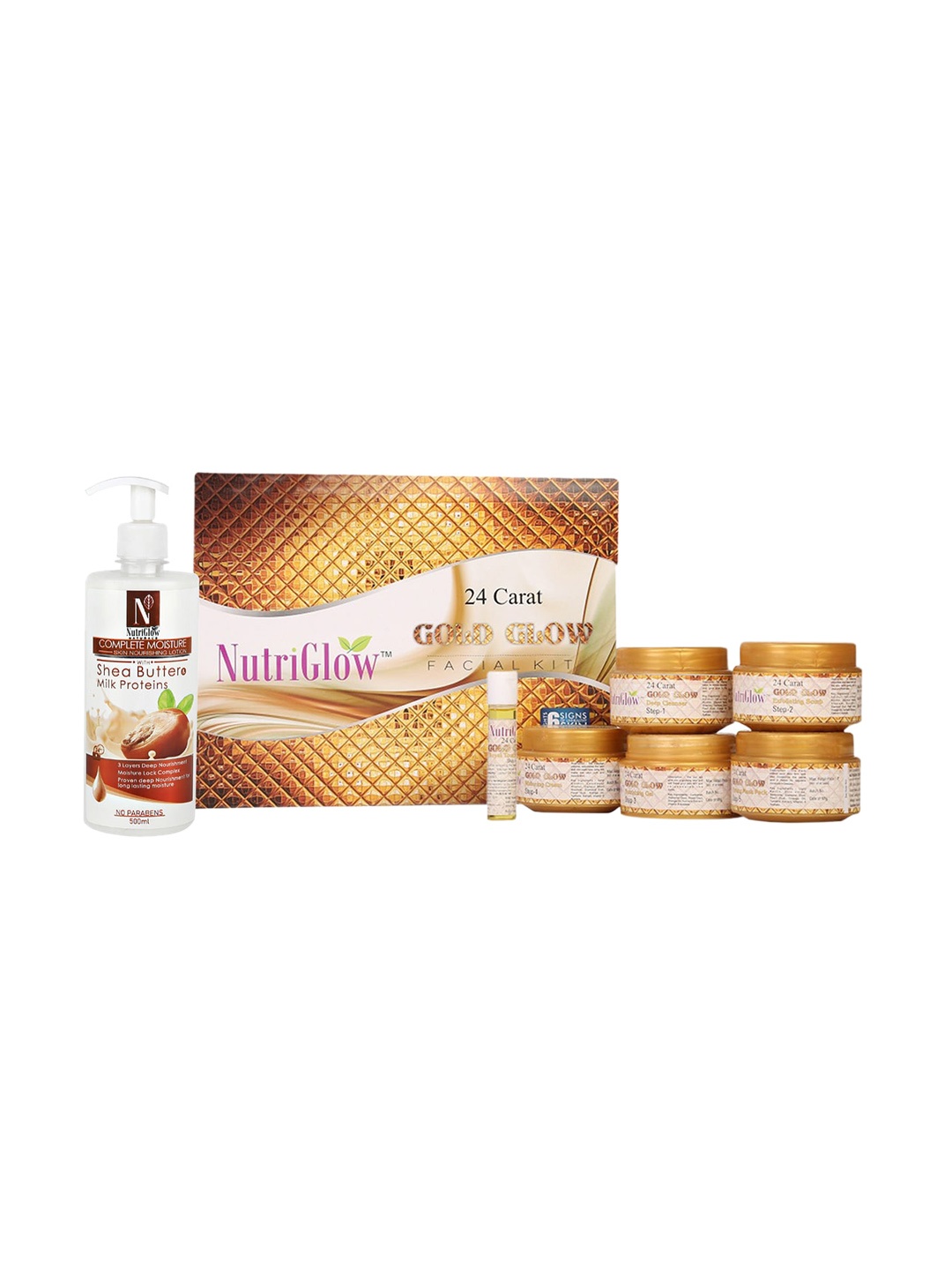 

NutriGlow Set of 2 24K Gold Glow Facial Kit 250g+10ml & Shea Butter Lotion 500ml, Multi