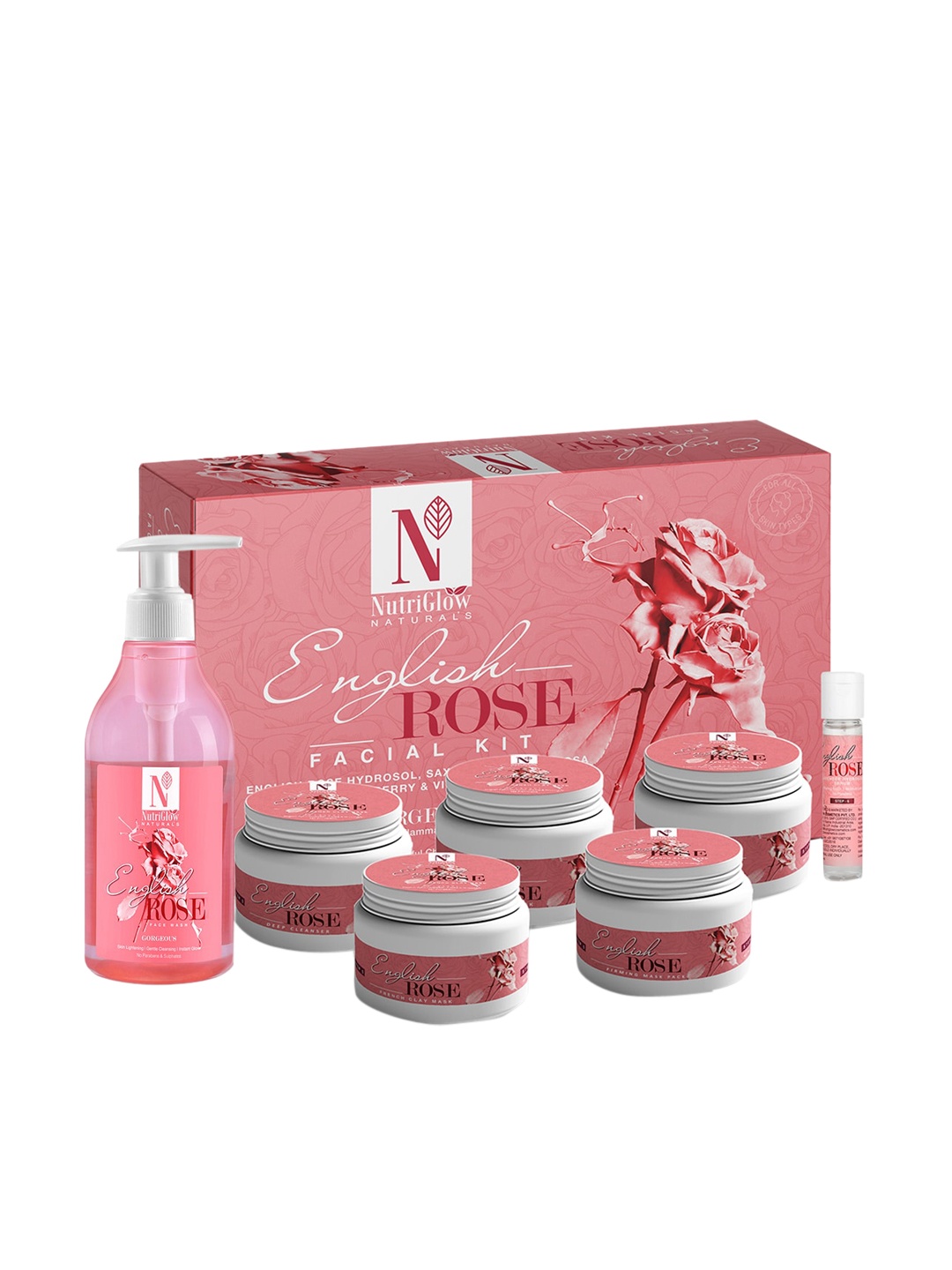 

NutriGlow Naturals Sustainable English Rose Facial Kit 250gm + 10ml With English Rose Face Wash 150ml, Multi
