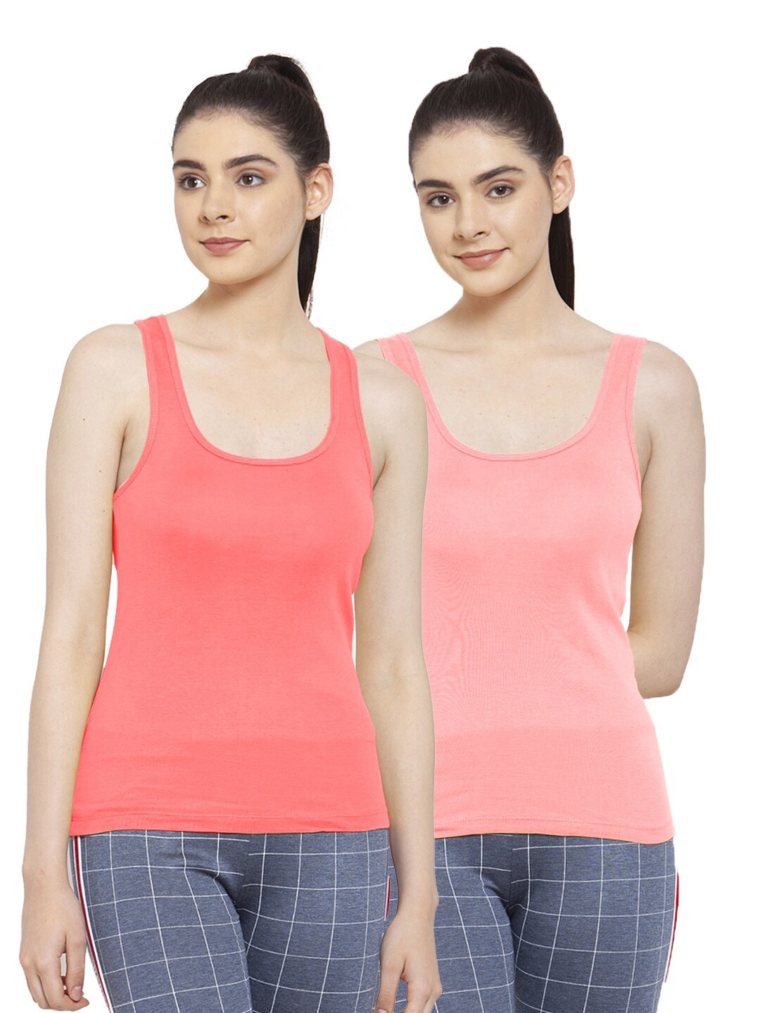 

Friskers Women Pack of 2 Orange & Peach-Coloured Solid Tank Top