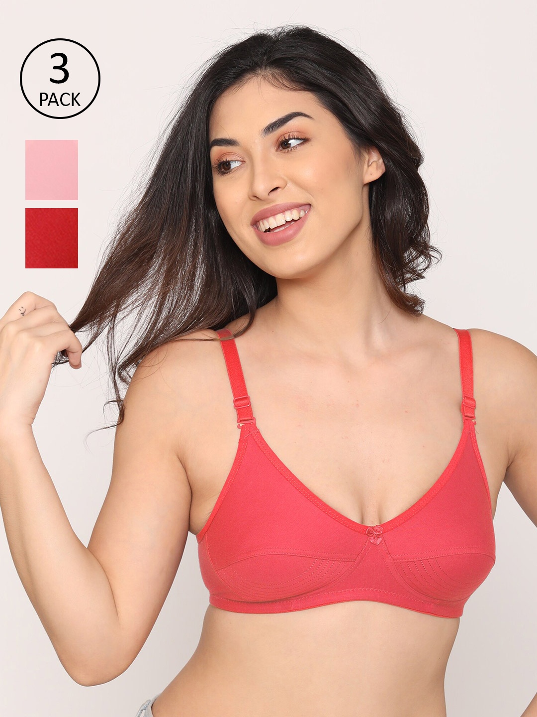 

Kalyani Pack Of 3 Red & Pink Cotton T-shirt Bra