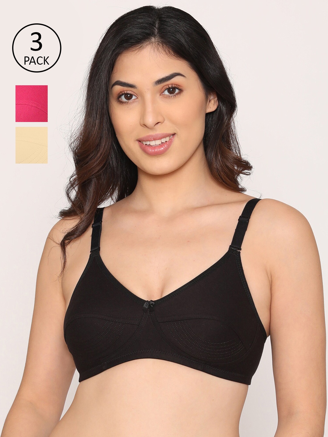 

Kalyani Pack of 3 Cotton High Support Non-Padded Everyday T-Shirt Bra, Black