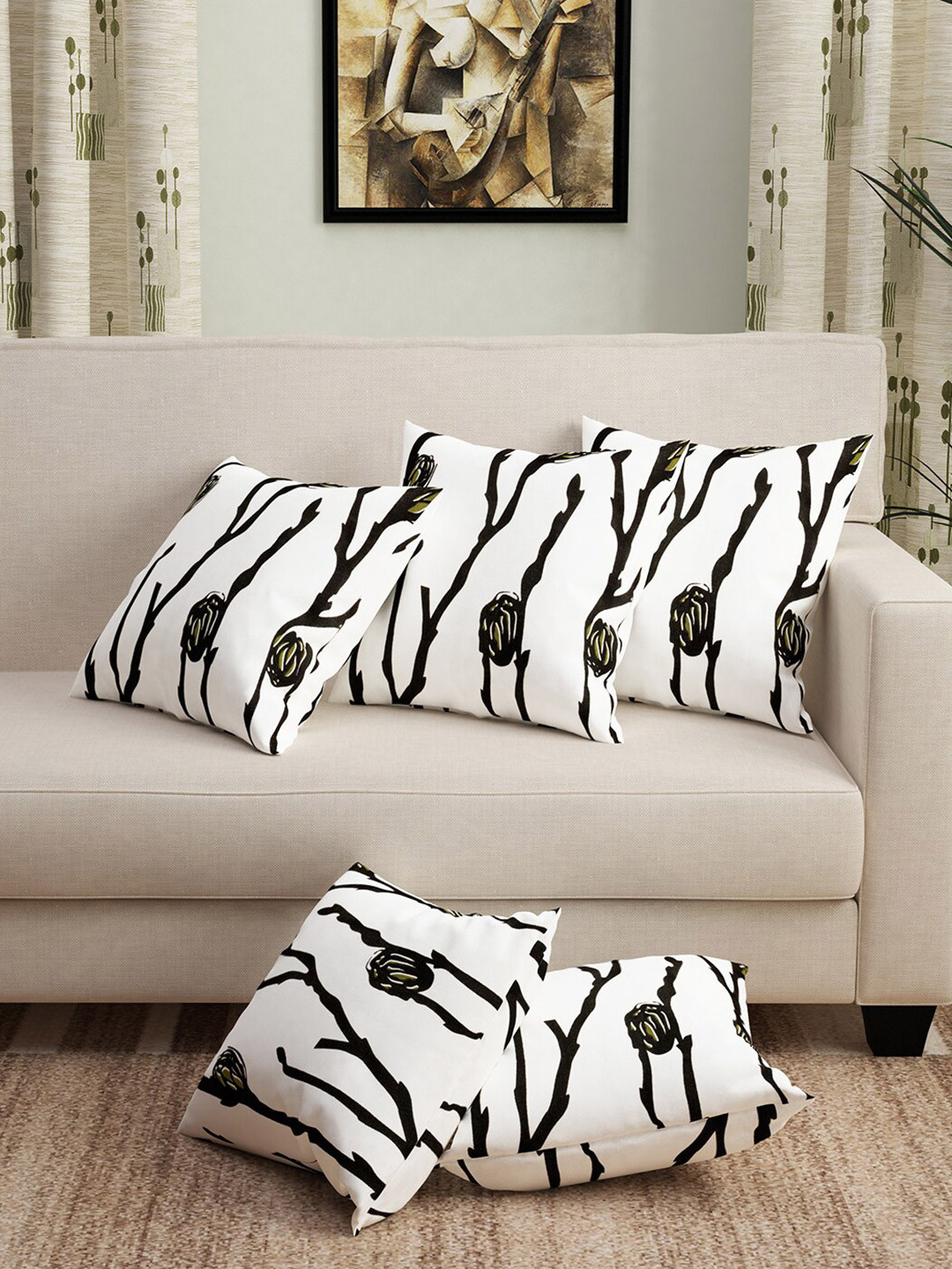 

Story@home Set Of 5 Black & White Floral Printed Cotton Square Cushion Covers
