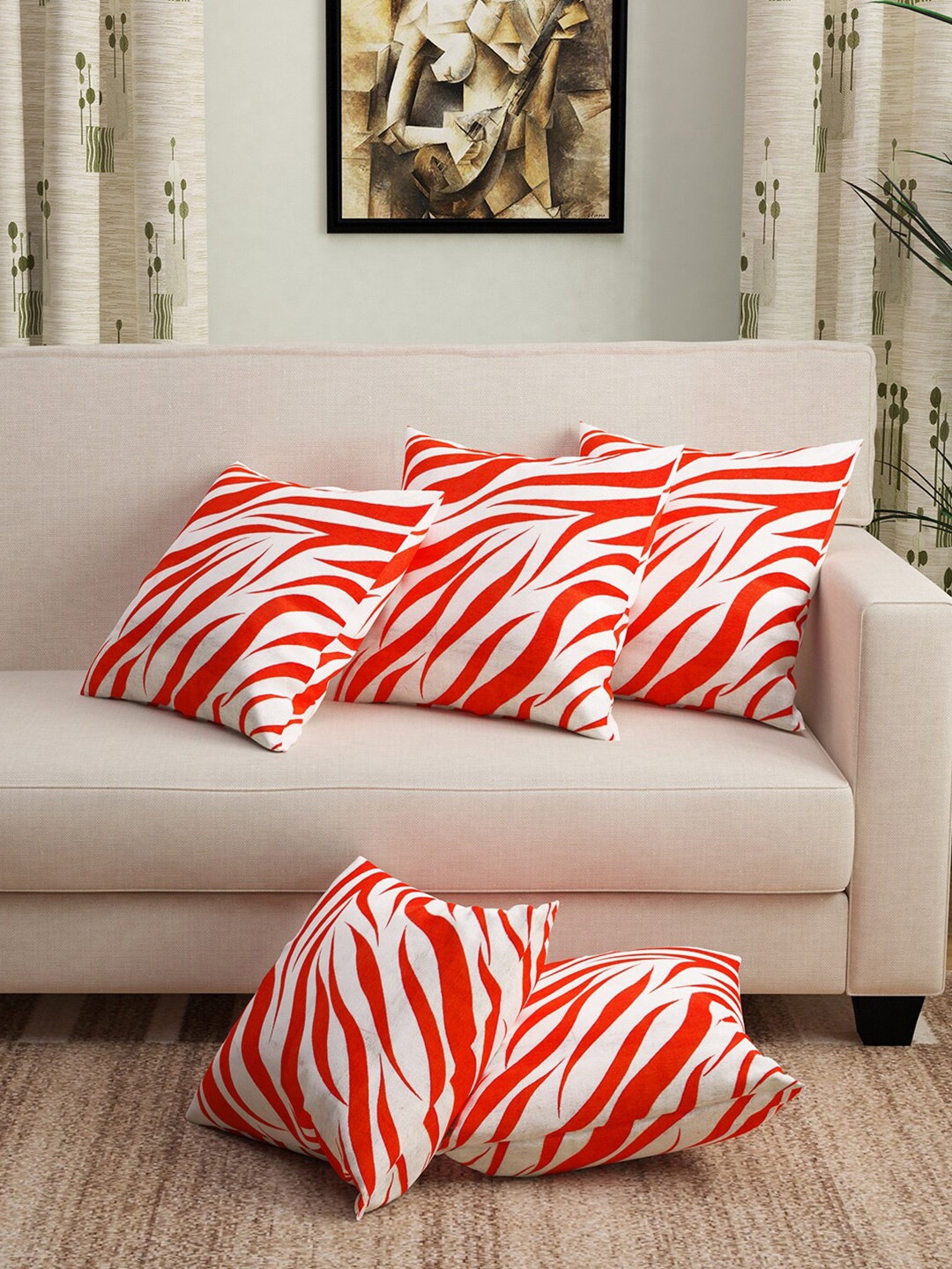 

Story@home Set Of 5 Red & White Striped Cotton Square Cushion Covers