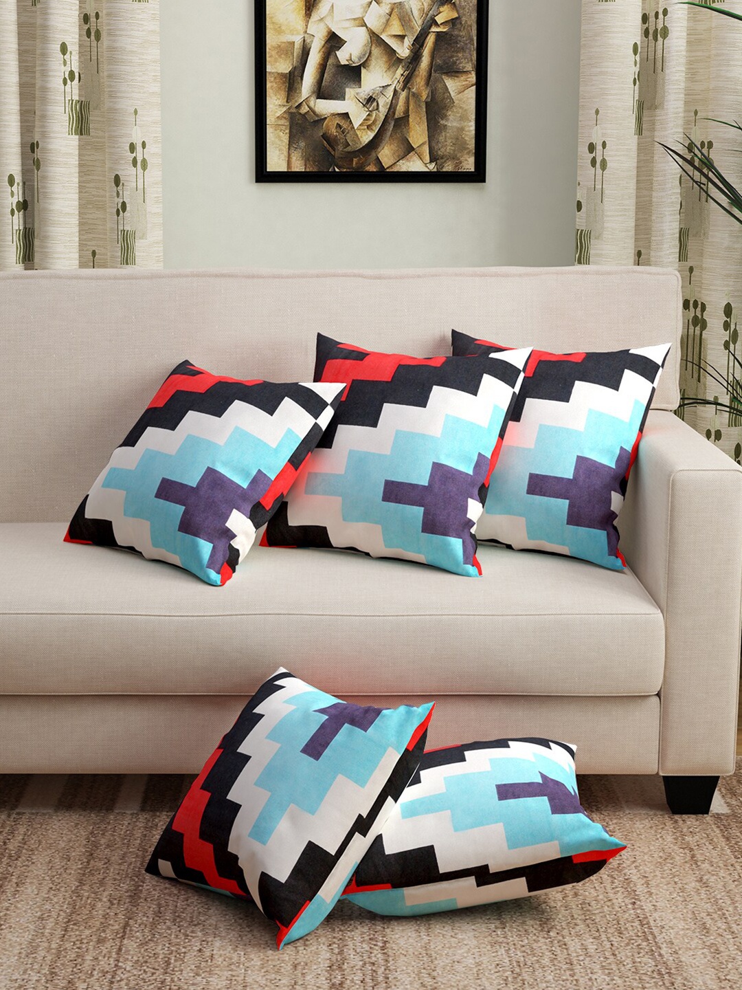 

Story@home Turquoise Blue & Black Set of 5 Geometric Cotton Square Cushion Covers
