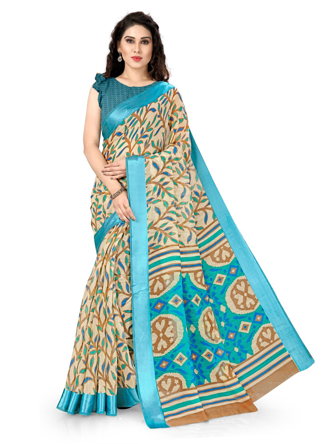

KALINI Cream-Coloured & Turquoise Blue Floral Bagh Saree