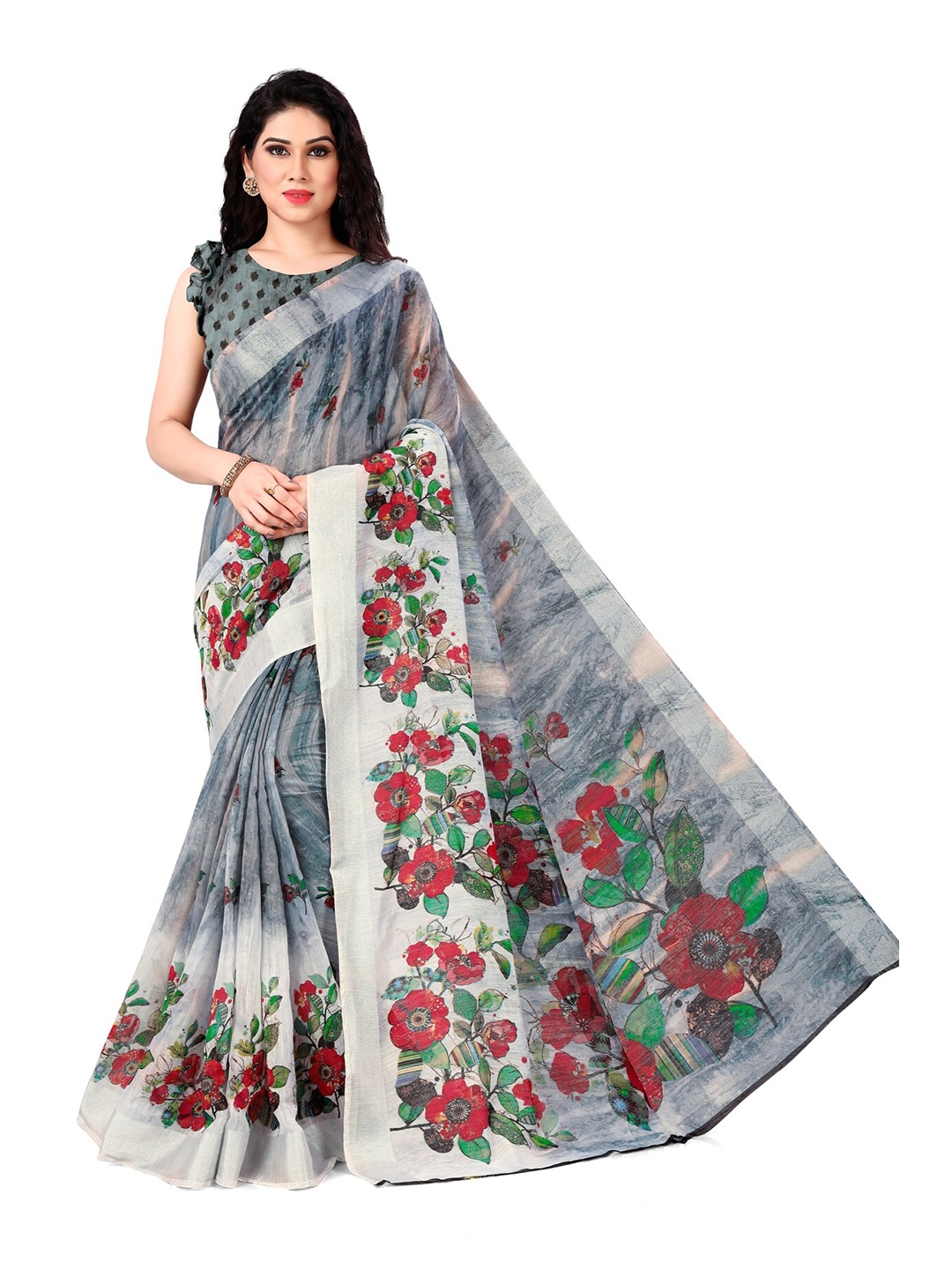 

KALINI Grey & Red Floral Bagh Saree