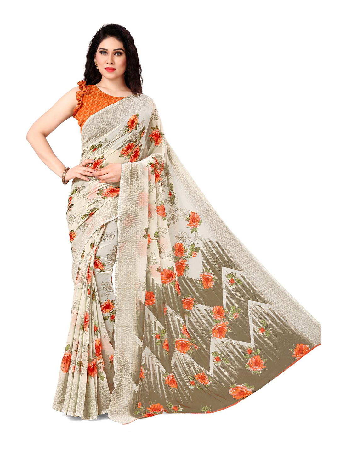

KALINI Cream-Coloured & Orange Floral Printed Bagh Saree