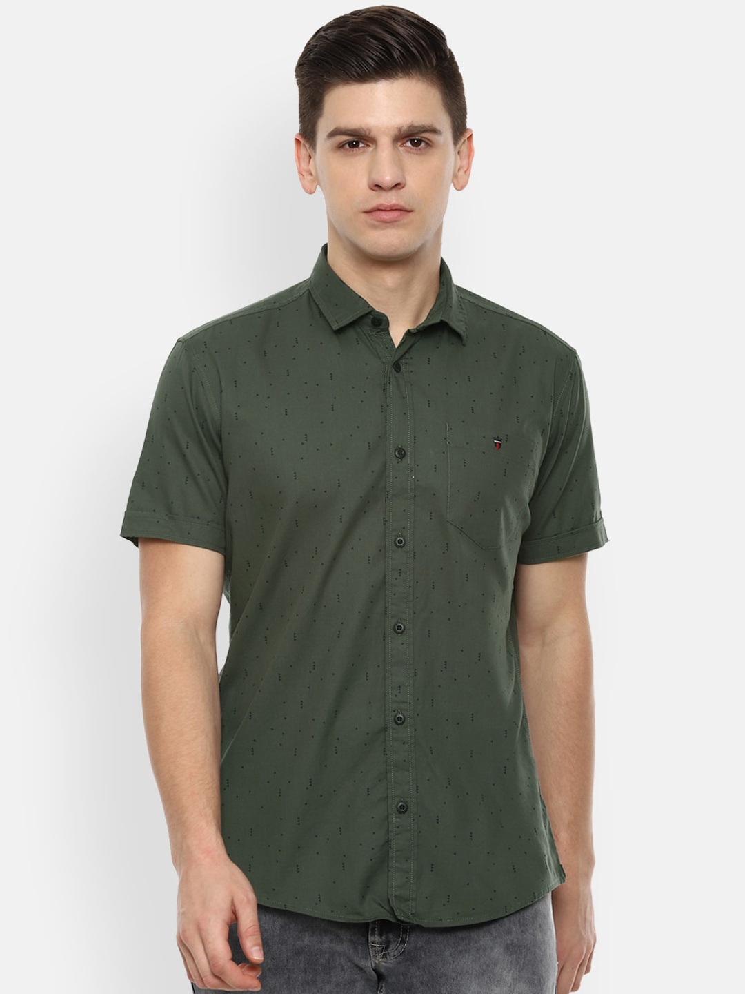 

Louis Philippe Jeans Men Pure Cotton Olive Green Micro Ditsy Printed Casual Shirt