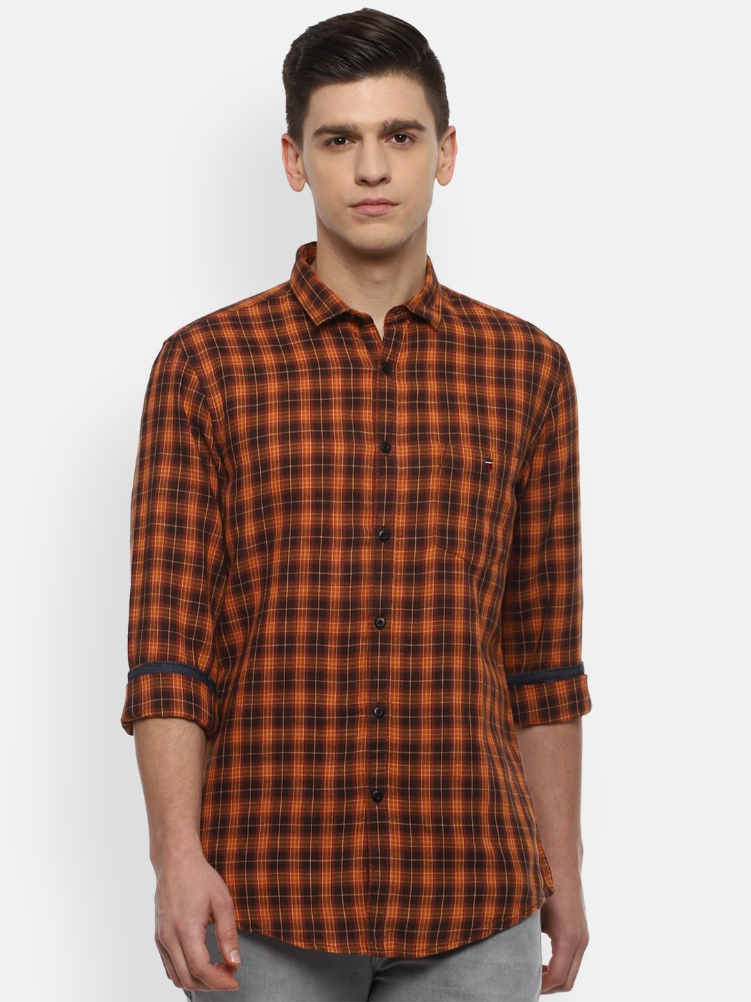 

Louis Philippe Jeans Men Orange Slim Fit Opaque Checked Cotton Casual Shirt