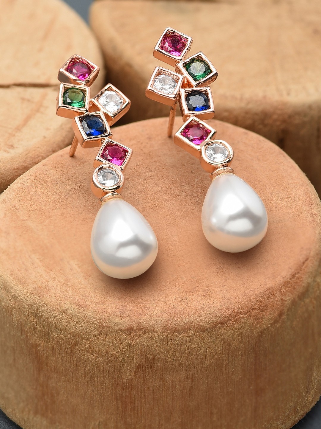 

AMI Multicoloured Rose Gold-Plated Contemporary Cubic Zirconia Drop Earrings, Multi
