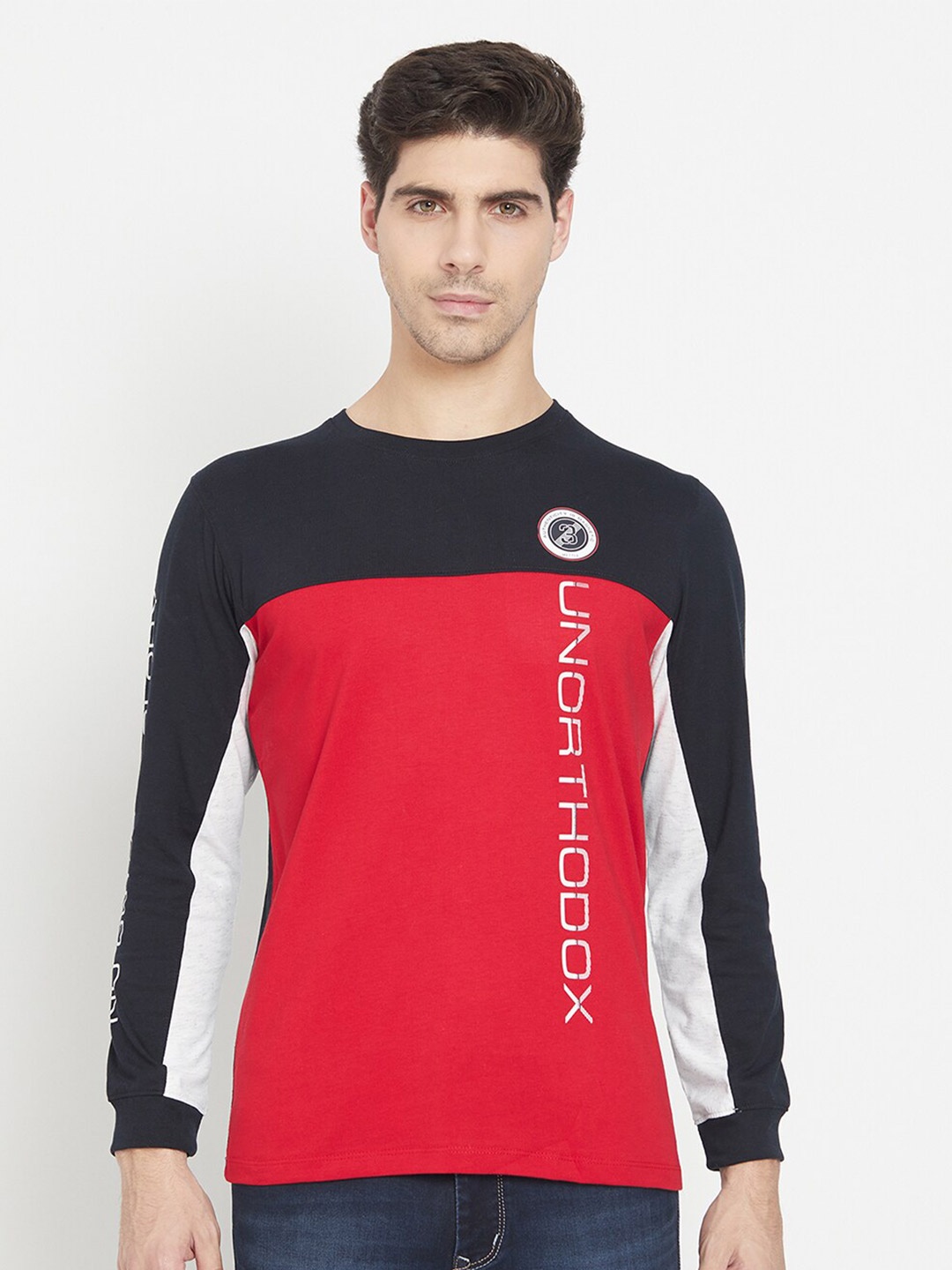 

METTLE Men Red Striped Applique T-shirt