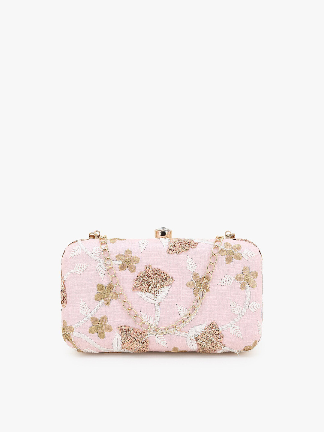 

Anekaant Pink & Gold-Toned Floral Embroidered Faux Silk Box Clutch