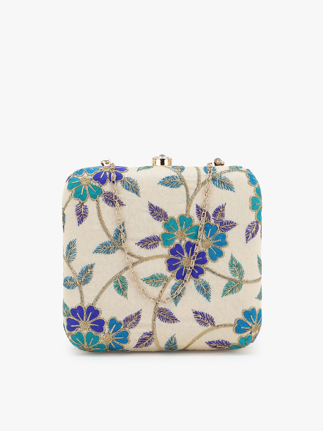 

Anekaant Beige & Turquoise Blue Floral Embroidered Faux Silk Box Clutch