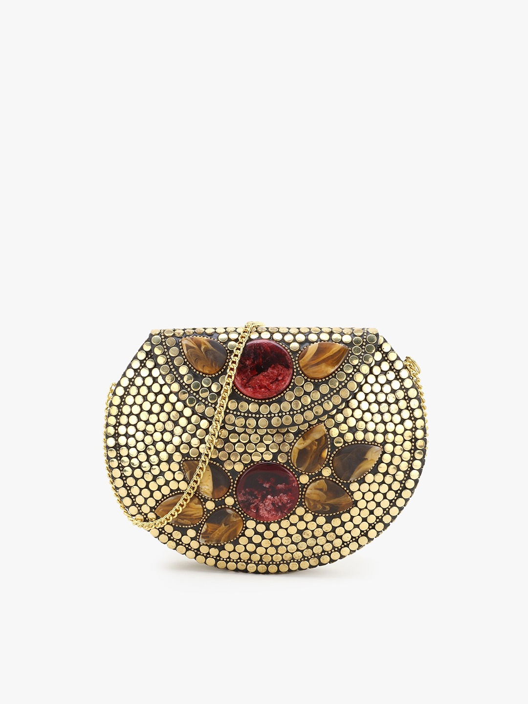 

Anekaant Gold-Toned & Embellished Half Moon & Stones Mosaic Clutch With Chain Strap