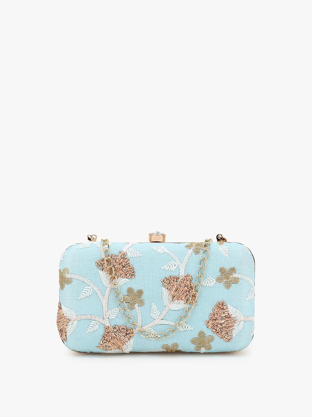 

Anekaant Blue & Gold-Toned Floral Embroidered Faux Silk Box Clutch