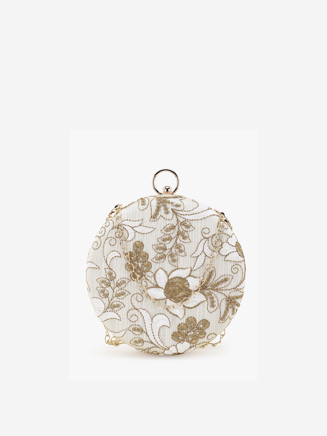 

Anekaant Beige & Gold-Toned Floral Embroidered Box Clutch Faux Silk