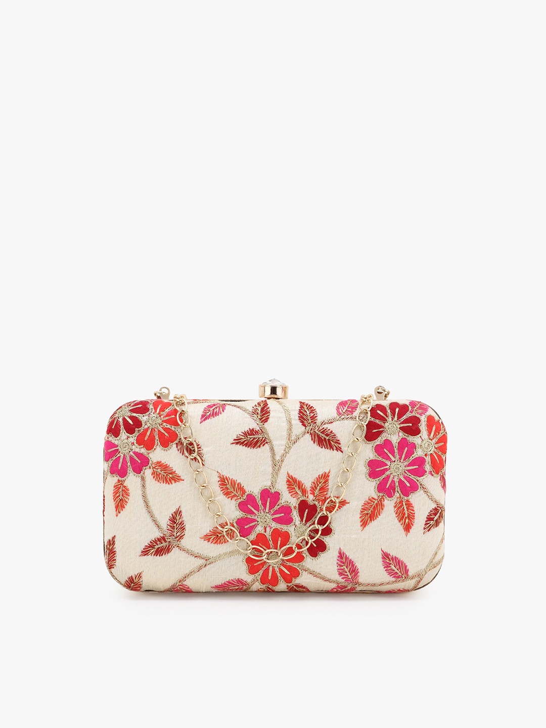 

Anekaant Women Beige & Pink Floral Embroidered Box Clutch with Shoulder Strap