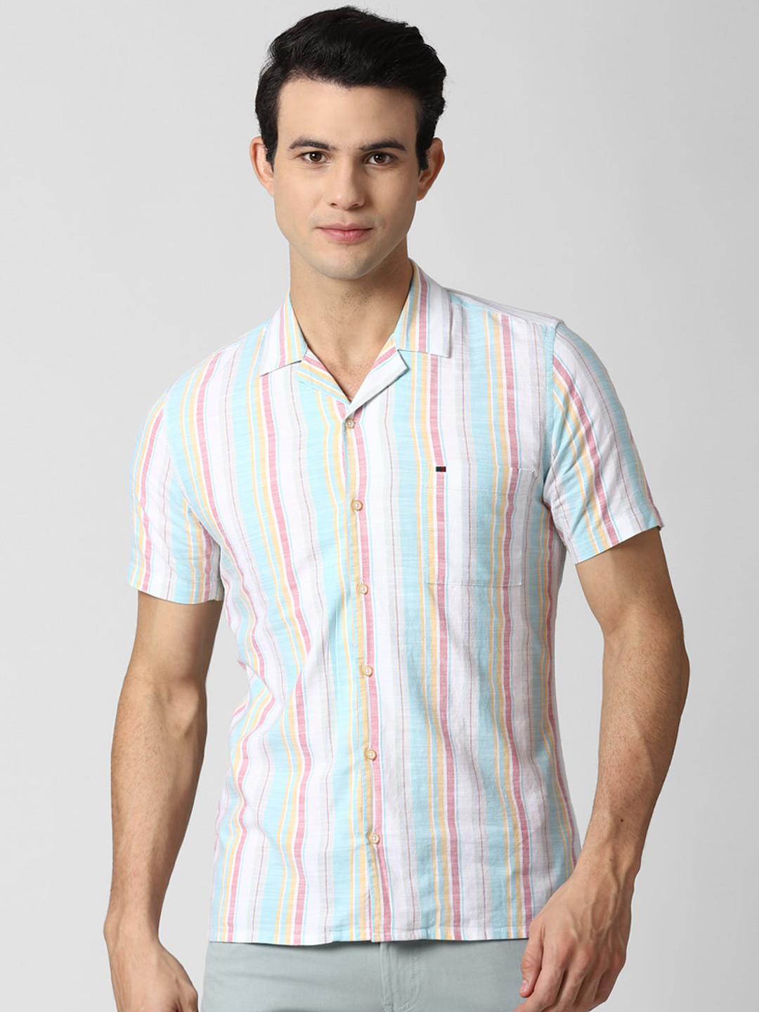 

Peter England Casuals Men Multicoloured Slim Fit Opaque Striped Cotton Linen Casual Shirt, Multi