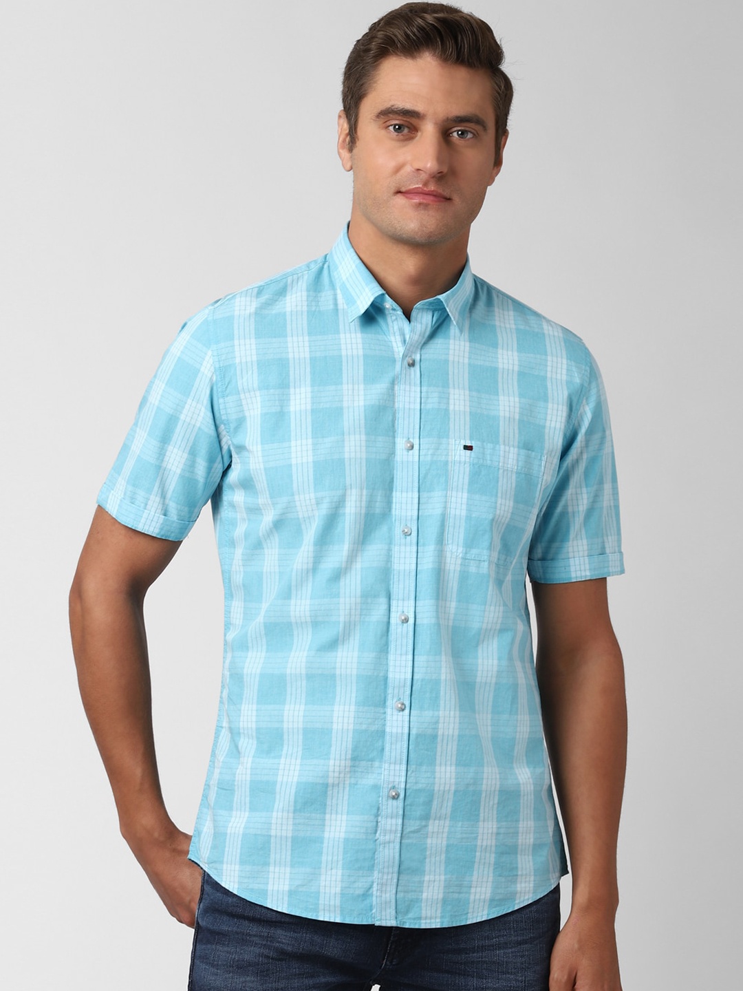 

Peter England Casuals Men Blue Slim Fit Opaque Checked Cotton Casual Shirt