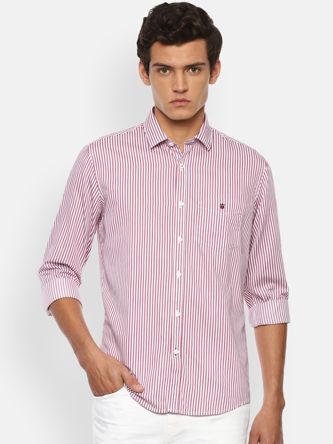 

Louis Philippe Sport Men Pure Cotton Pink Slim Fit Vertical Striped Casual Shirt