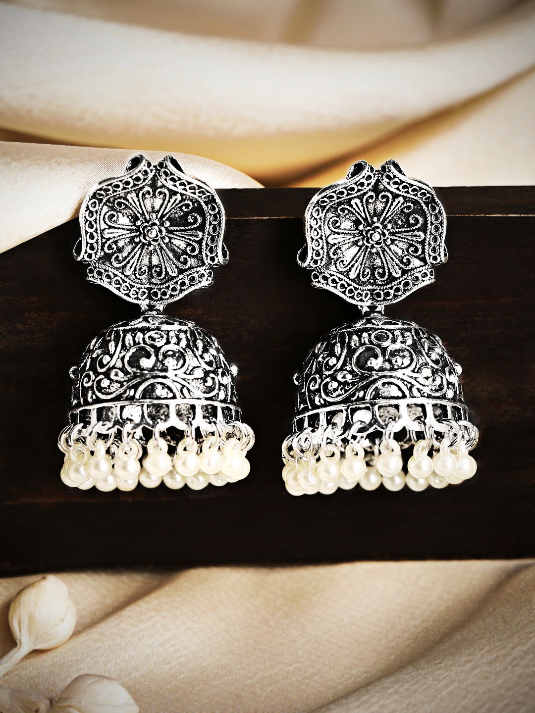 

Rubans Silver-Plated Oxidised Dome Shaped Jhumkas Earrings