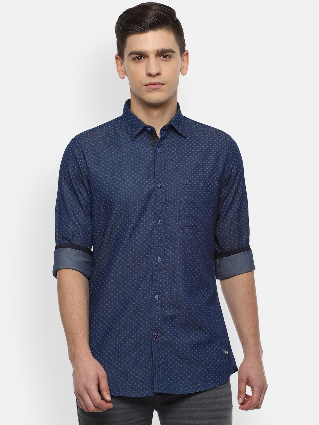 

VAN HEUSEN DENIM LABS Men Navy Blue Pure Cotton Micro Ditsy Printed Slim Fit Casual Shirt