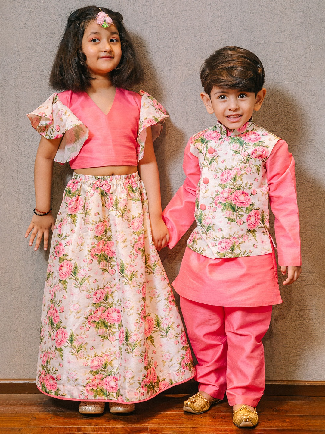 

VASTRAMAY Boys Pink Floral Regular Kurta with Trousers