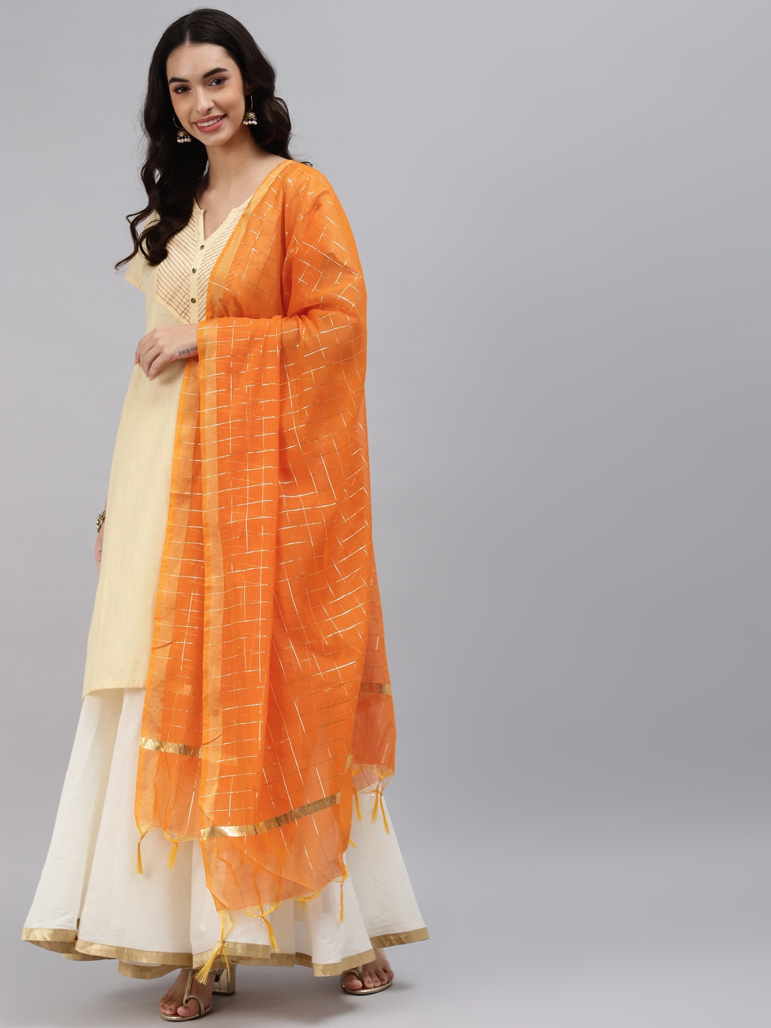 

mokshi Orange Checked Art Silk Shibori Dupatta with Zari