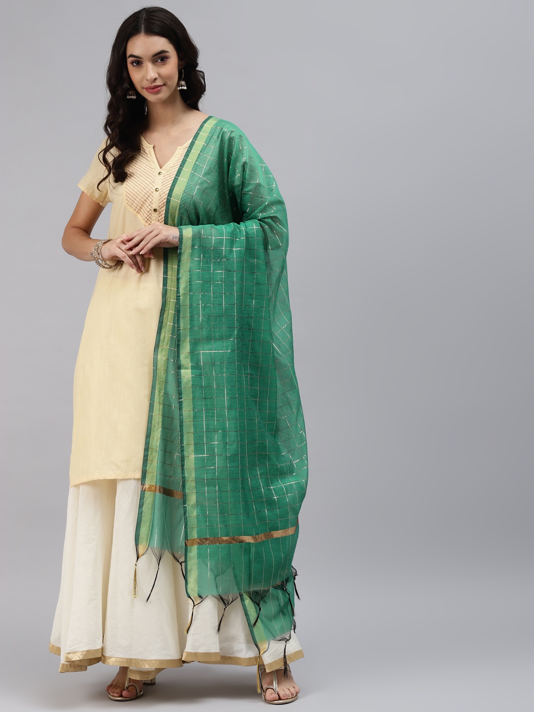 

mokshi Green Checked Art Silk Dupatta with Zari