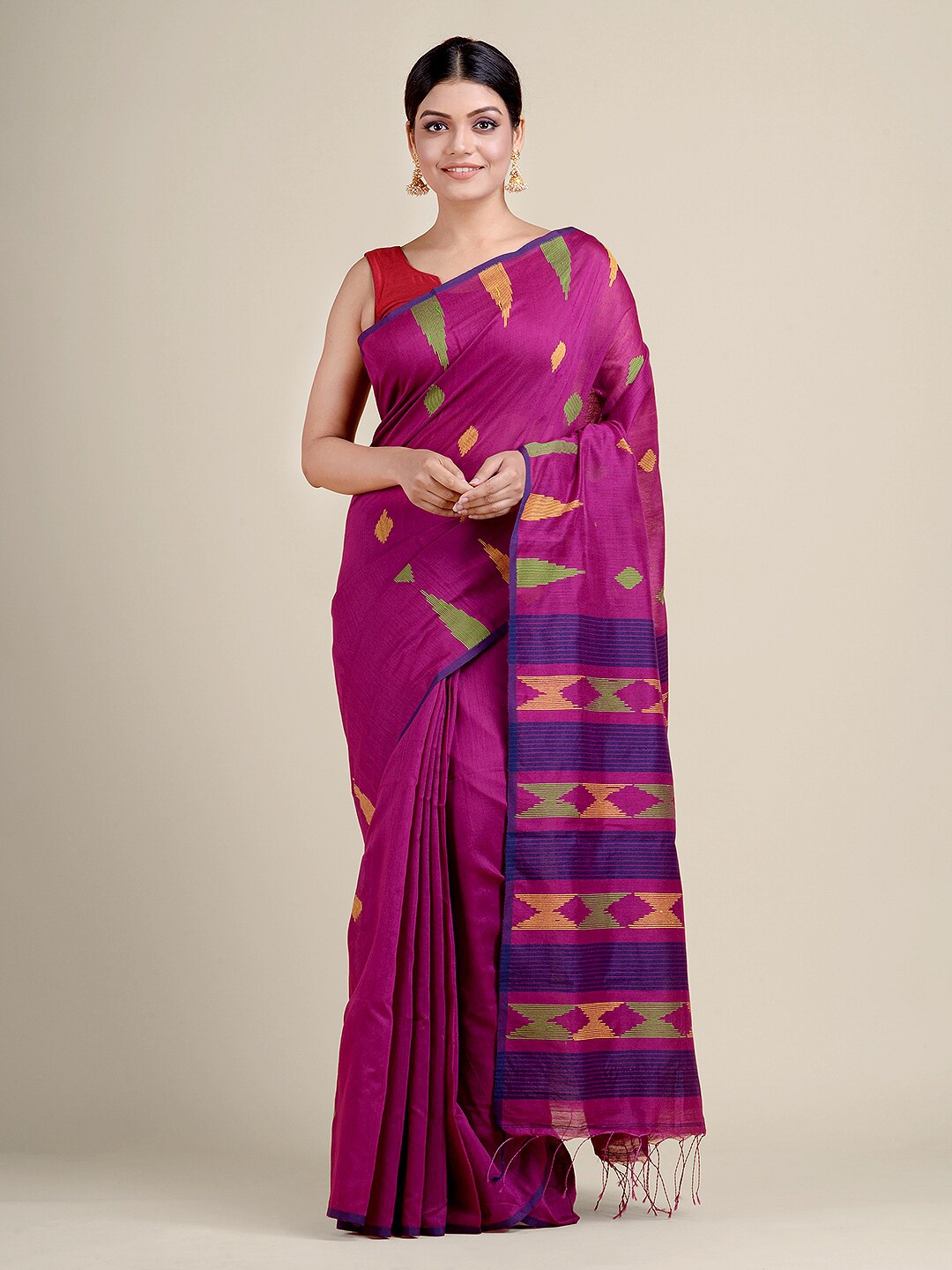 

Charukriti Magenta & Yellow Woven Design Temple Weaving Saree