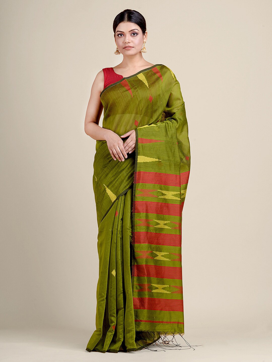 

Charukriti Green & Red Ethnic Motifs Woven Saree