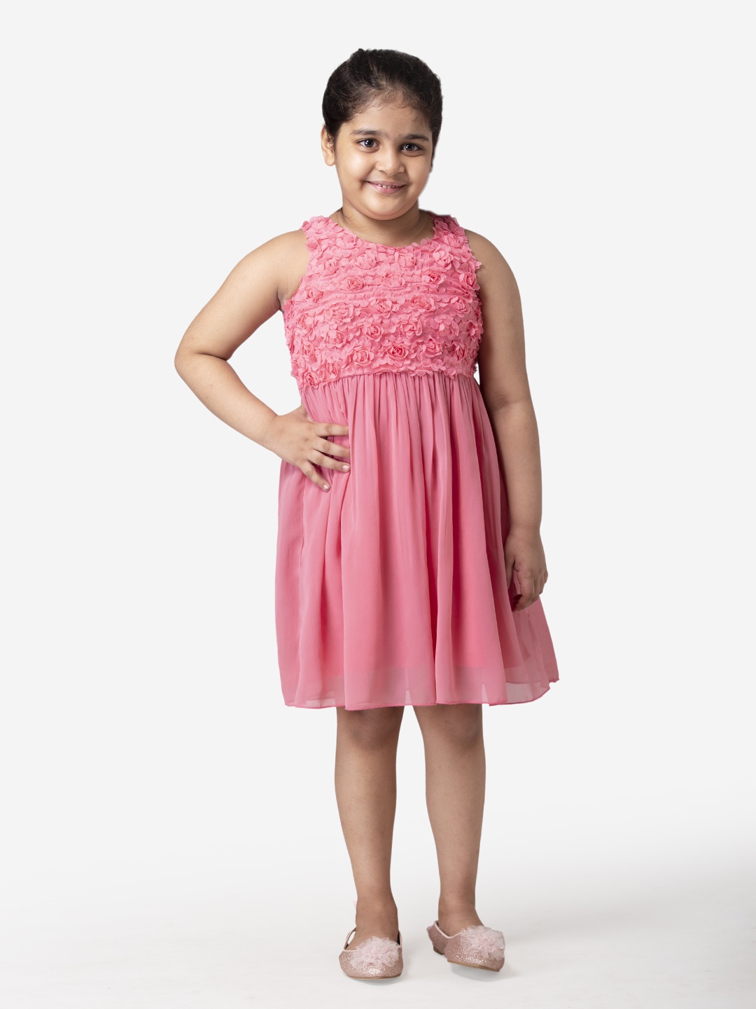 

Hoop Hippo Pink Floral Georgette A-Line Dress